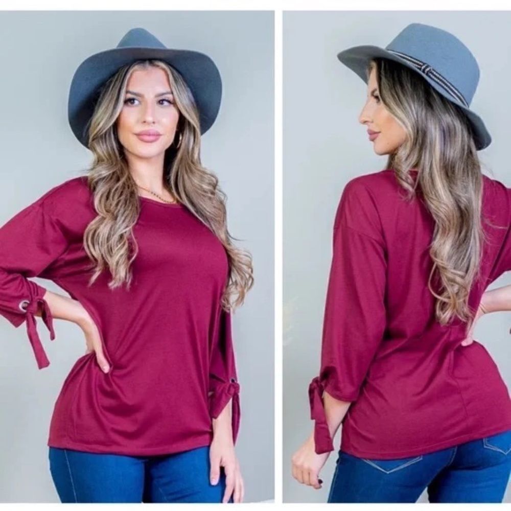 ALLIE & ROB Top Scoop NeckTie Detail Sleeves Burgundy